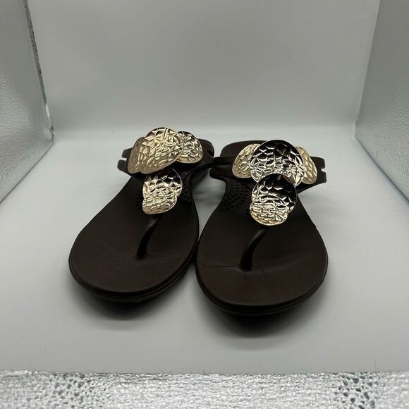 Oka-B Hammered Metal Disc Brown Thong Sandals - Picture 3 of 11